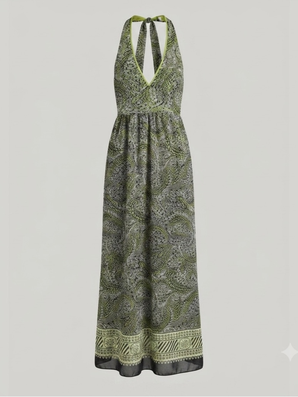 Burning Torch Anthropologie Boho Halter Maxi Dress Olive Green Plunge V-Neck XS